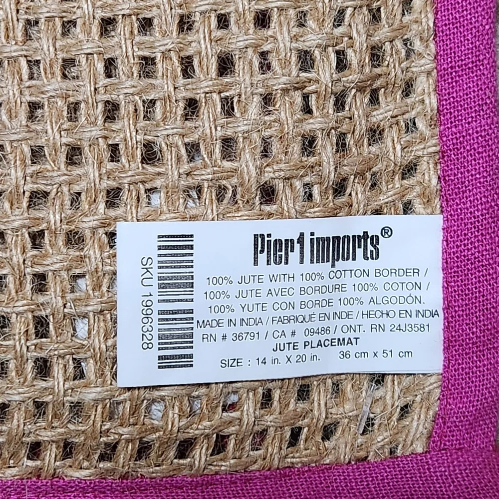 Pier 1 Imports Jute Placemats – Set of 4 – 14” x 20” – Colorful Cotton Trim NWT